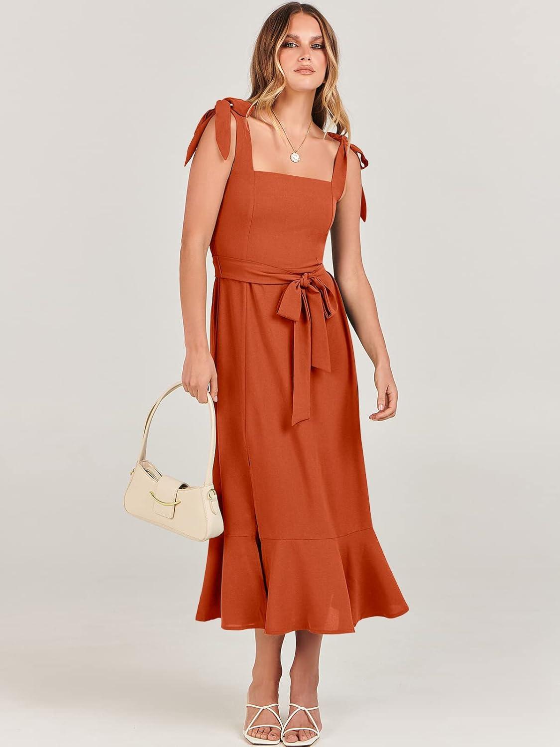 imageANRABESS Womens Square Neck Ruffle Split Midi Elegant Formal Wedding Guest Cocktail Bridesmaid Graduation Party DressesOrange