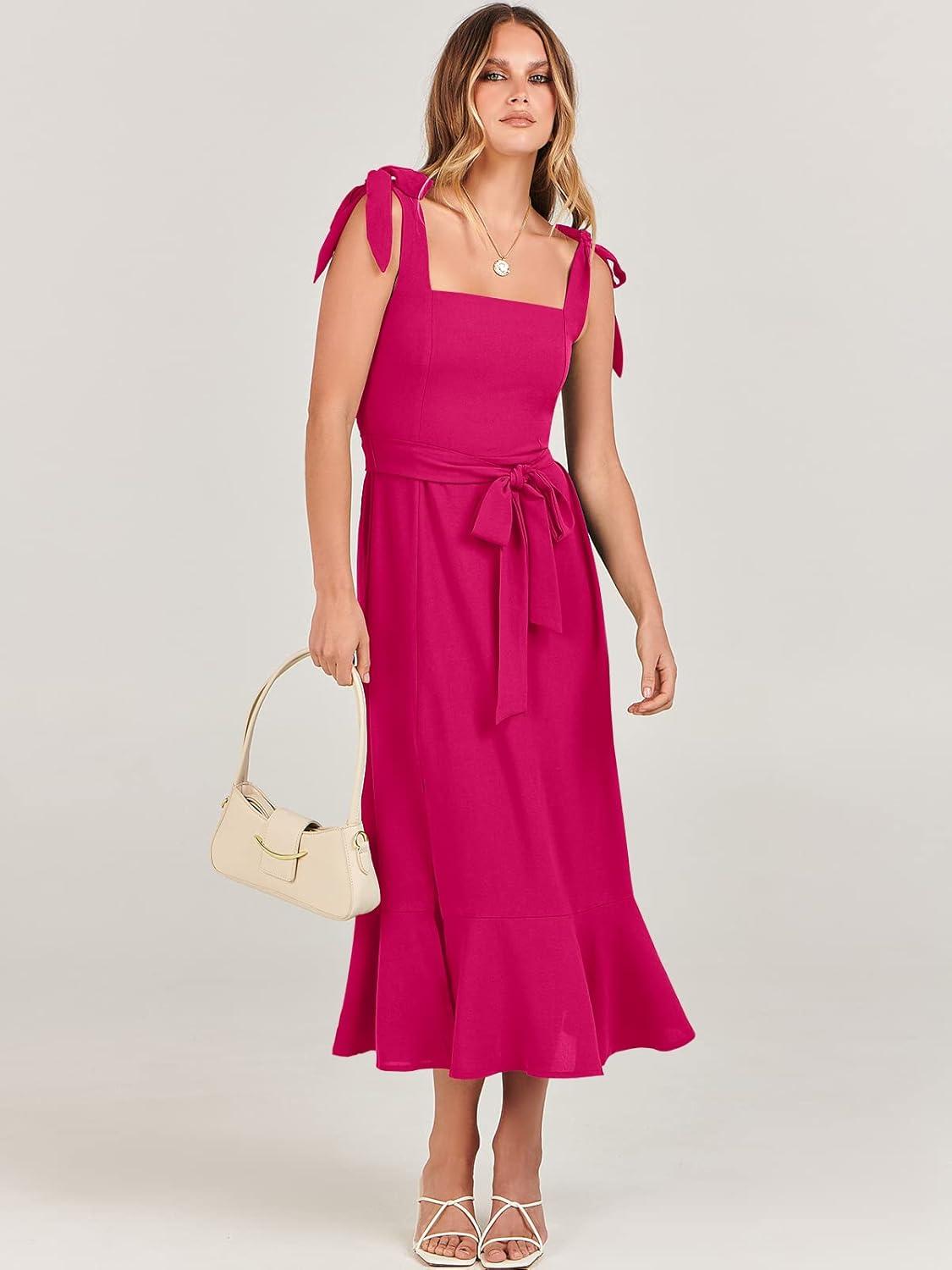 imageANRABESS Womens Square Neck Ruffle Split Midi Elegant Formal Wedding Guest Cocktail Bridesmaid Graduation Party DressesRose