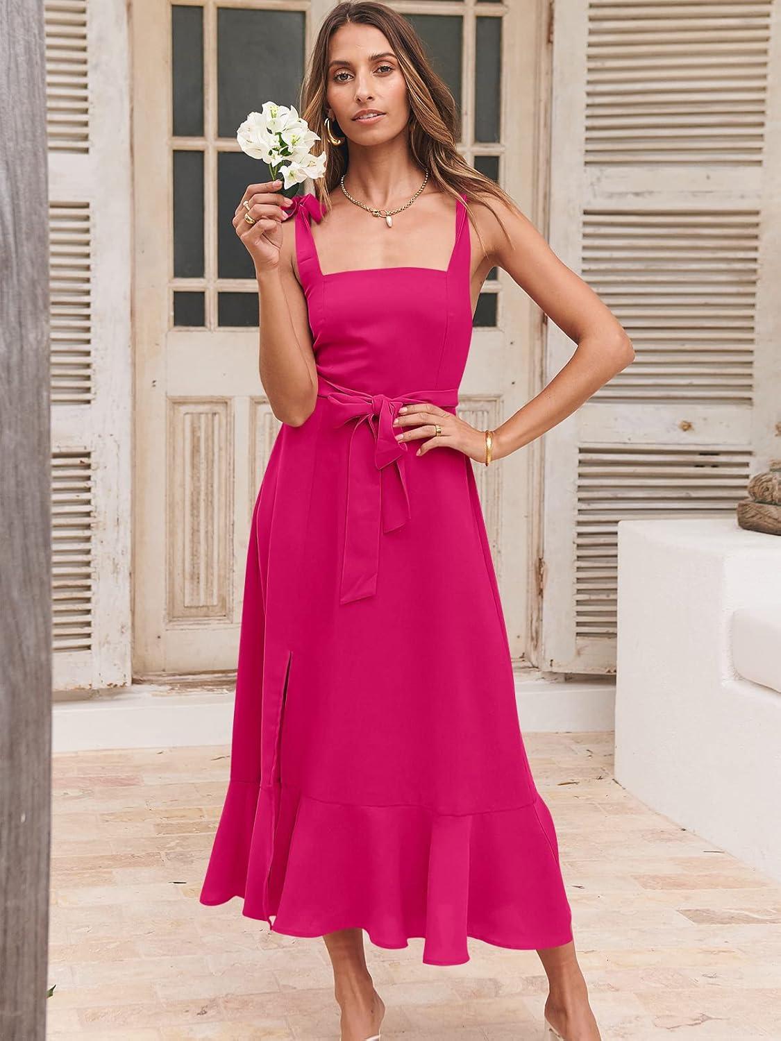 imageANRABESS Womens Square Neck Ruffle Split Midi Elegant Formal Wedding Guest Cocktail Bridesmaid Graduation Party DressesRose