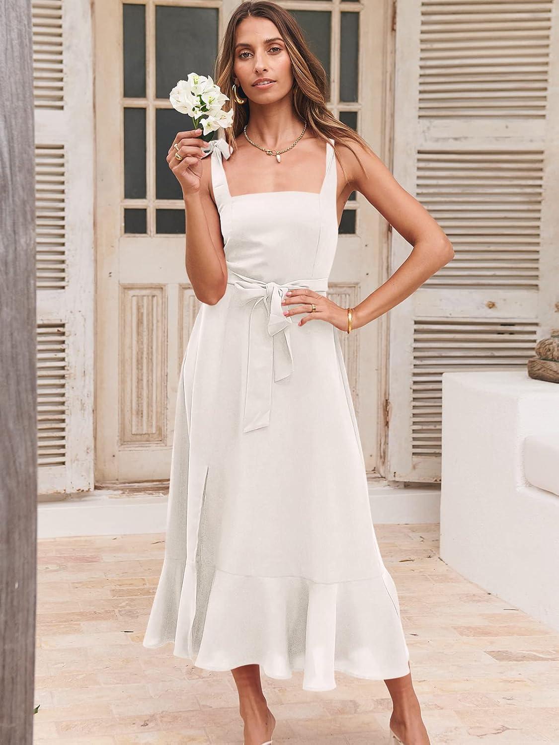 imageANRABESS Womens Square Neck Ruffle Split Midi Elegant Formal Wedding Guest Cocktail Bridesmaid Graduation Party DressesWhite