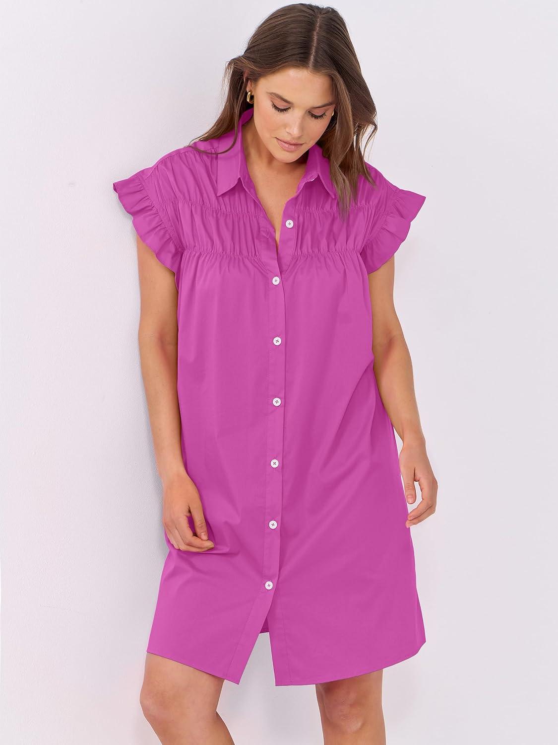 imageANRABESS Womens Summer Button Down Shirt Dress Ruffle Short Sleeve Mini Dresses Loose Fit Casual Sundress with PocketsHot Pink