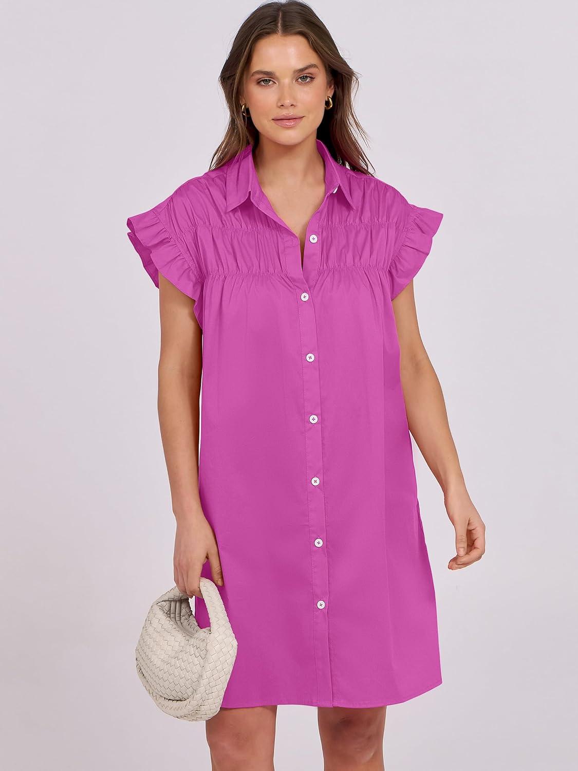 imageANRABESS Womens Summer Button Down Shirt Dress Ruffle Short Sleeve Mini Dresses Loose Fit Casual Sundress with PocketsHot Pink