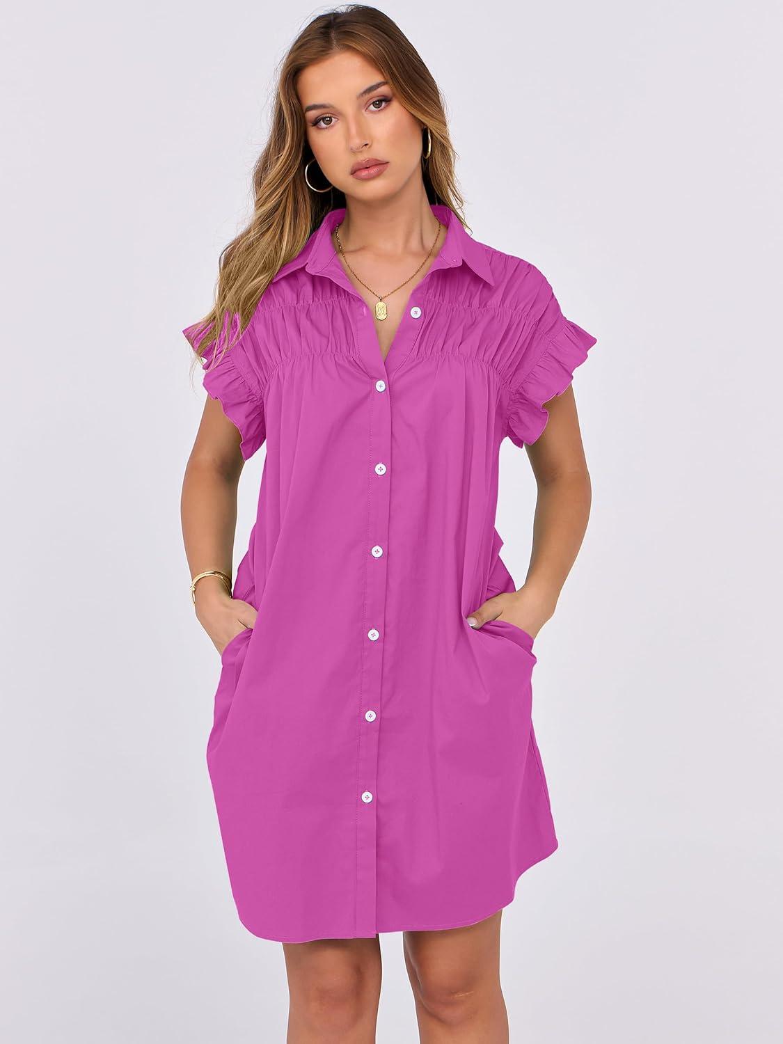 imageANRABESS Womens Summer Button Down Shirt Dress Ruffle Short Sleeve Mini Dresses Loose Fit Casual Sundress with PocketsHot Pink