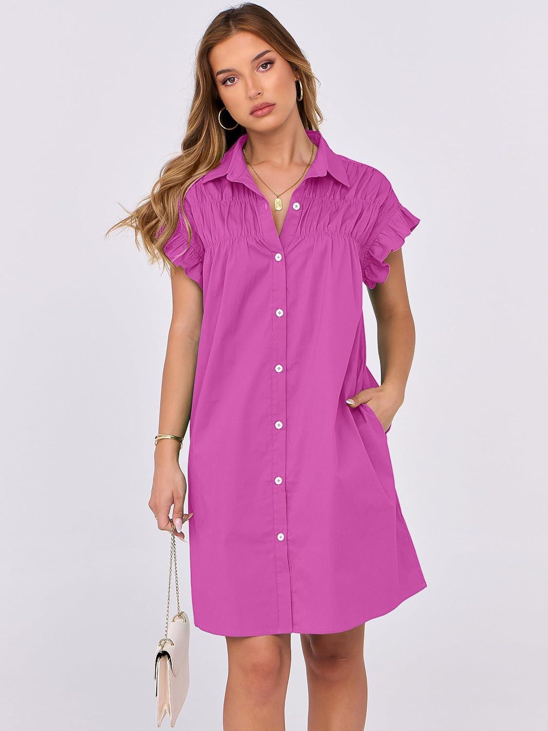 imageANRABESS Womens Summer Button Down Shirt Dress Ruffle Short Sleeve Mini Dresses Loose Fit Casual Sundress with PocketsHot Pink