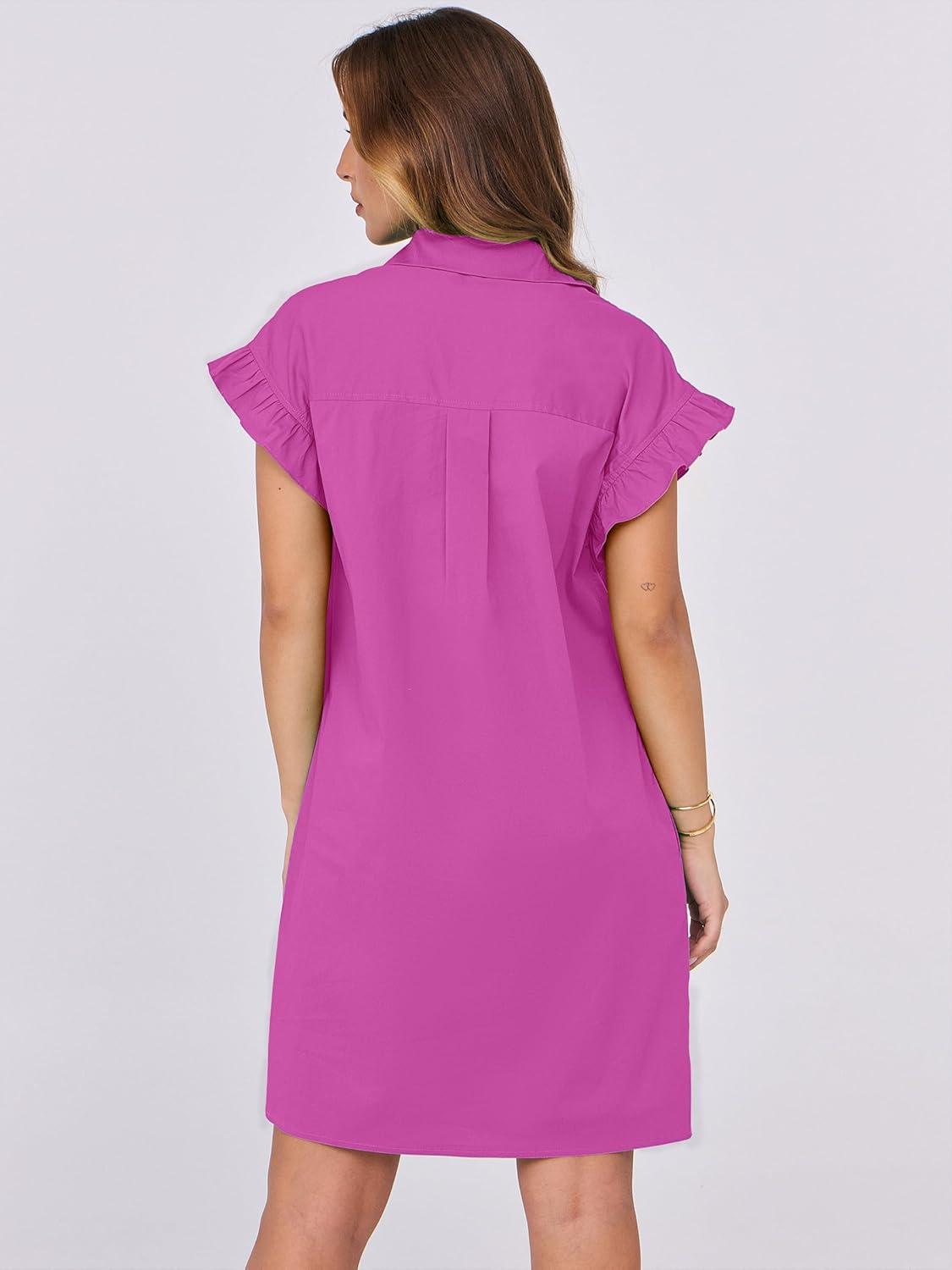 imageANRABESS Womens Summer Button Down Shirt Dress Ruffle Short Sleeve Mini Dresses Loose Fit Casual Sundress with PocketsHot Pink