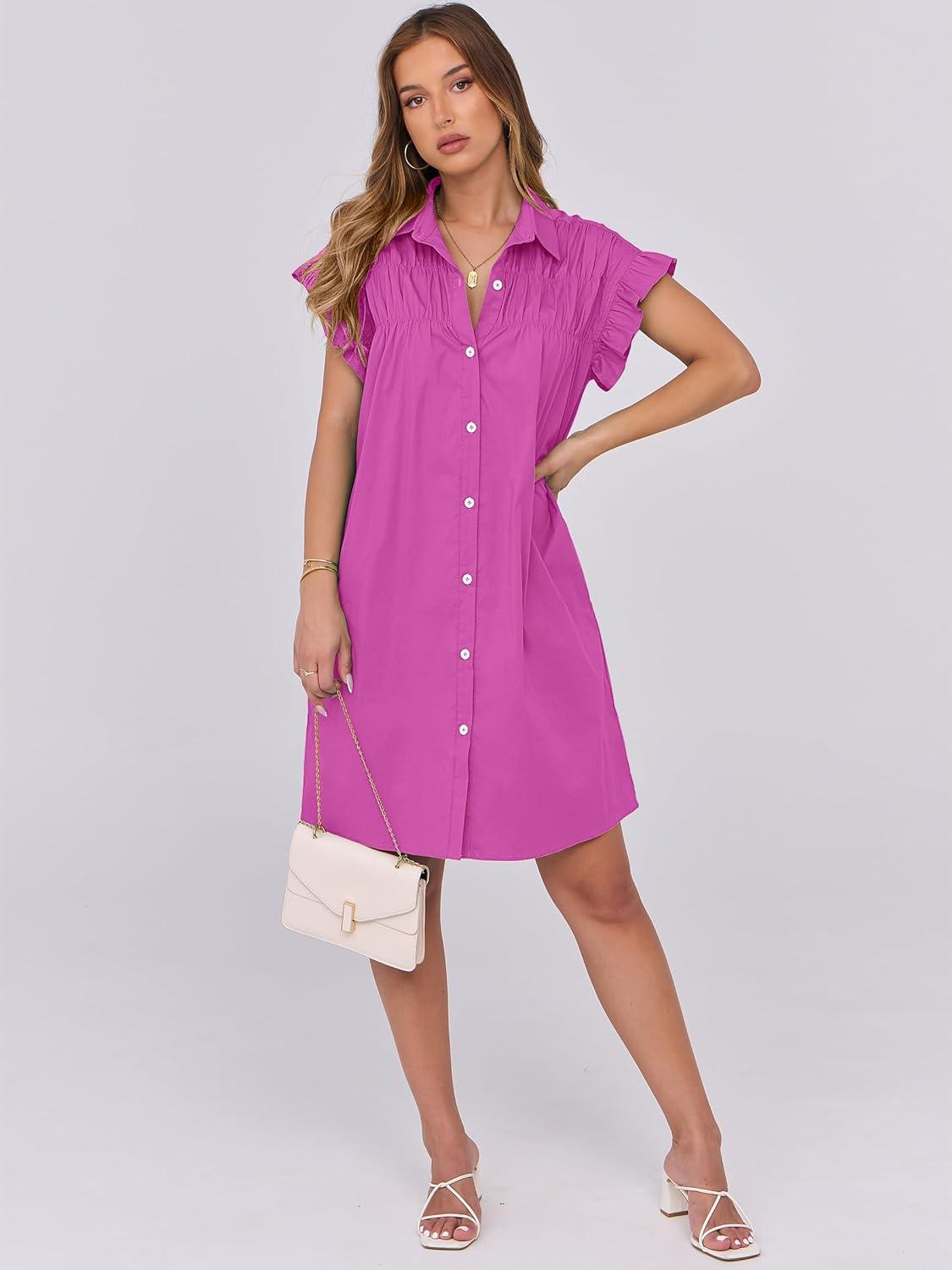 imageANRABESS Womens Summer Button Down Shirt Dress Ruffle Short Sleeve Mini Dresses Loose Fit Casual Sundress with PocketsHot Pink