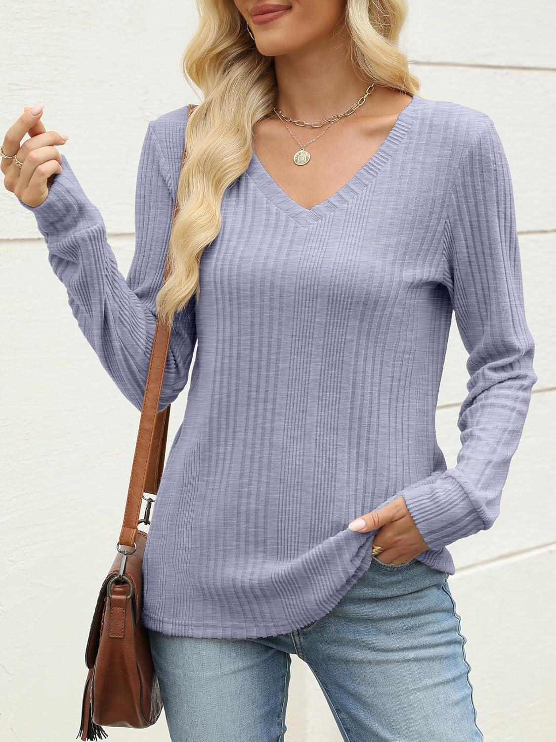 imageANRABESS Womens V Neck Sweaters 2025 Fall Long Sleeve Shirts Lightweight Ribbed Knit Basic Casual Office Work Tunic TopsBlue