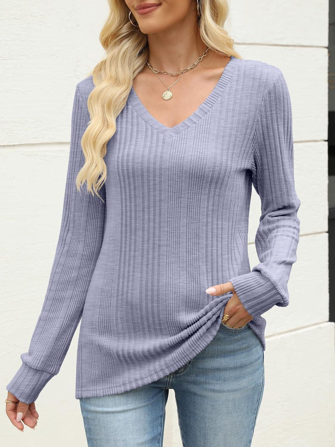 imageANRABESS Womens V Neck Sweaters 2025 Fall Long Sleeve Shirts Lightweight Ribbed Knit Basic Casual Office Work Tunic TopsBlue