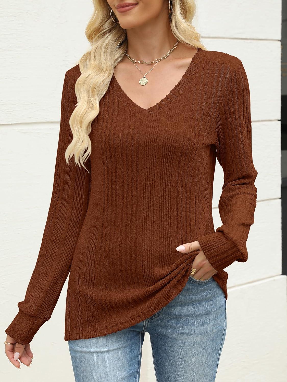 imageANRABESS Womens V Neck Sweaters 2025 Fall Long Sleeve Shirts Lightweight Ribbed Knit Basic Casual Office Work Tunic TopsBurnt Orange