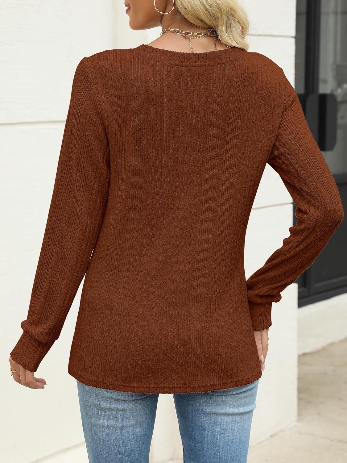 imageANRABESS Womens V Neck Sweaters 2025 Fall Long Sleeve Shirts Lightweight Ribbed Knit Basic Casual Office Work Tunic TopsBurnt Orange
