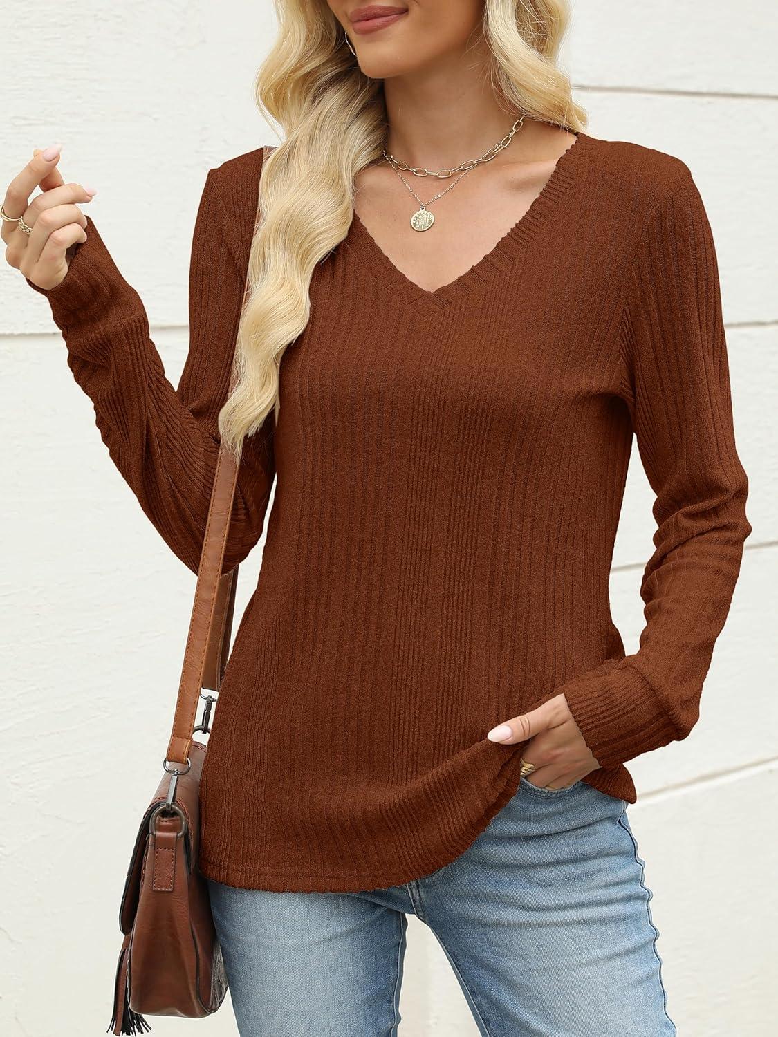 imageANRABESS Womens V Neck Sweaters 2025 Fall Long Sleeve Shirts Lightweight Ribbed Knit Basic Casual Office Work Tunic TopsBurnt Orange