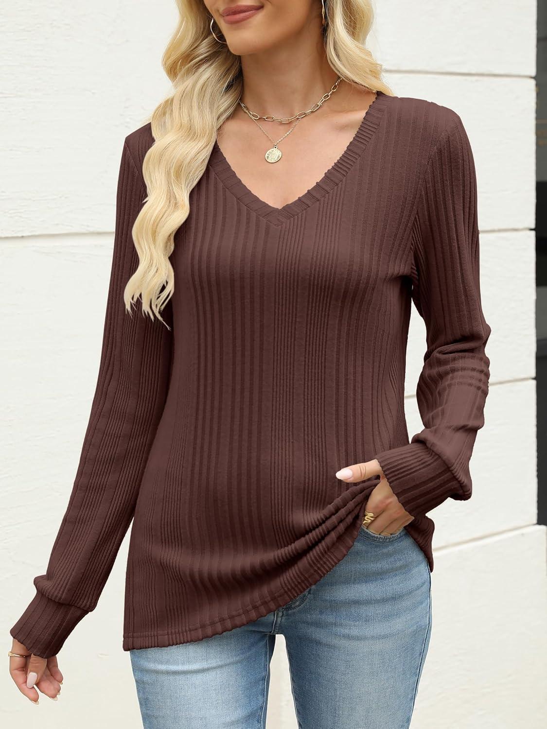 imageANRABESS Womens V Neck Sweaters 2025 Fall Long Sleeve Shirts Lightweight Ribbed Knit Basic Casual Office Work Tunic TopsDeep Brown