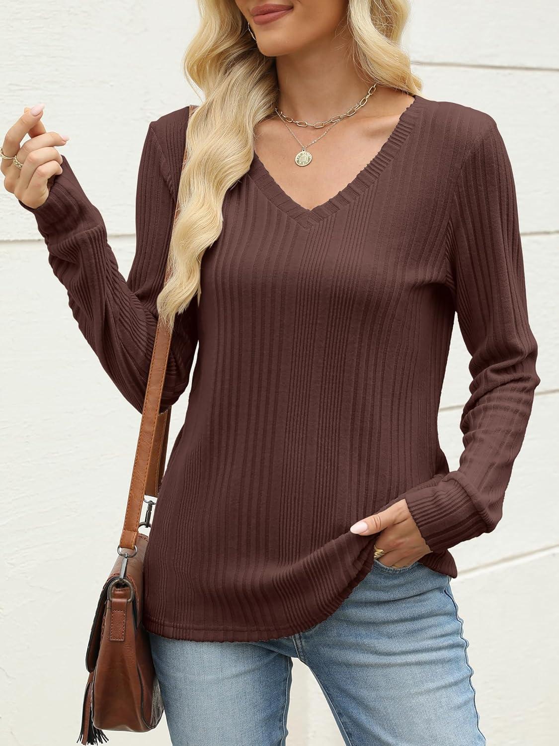 imageANRABESS Womens V Neck Sweaters 2025 Fall Long Sleeve Shirts Lightweight Ribbed Knit Basic Casual Office Work Tunic TopsDeep Brown
