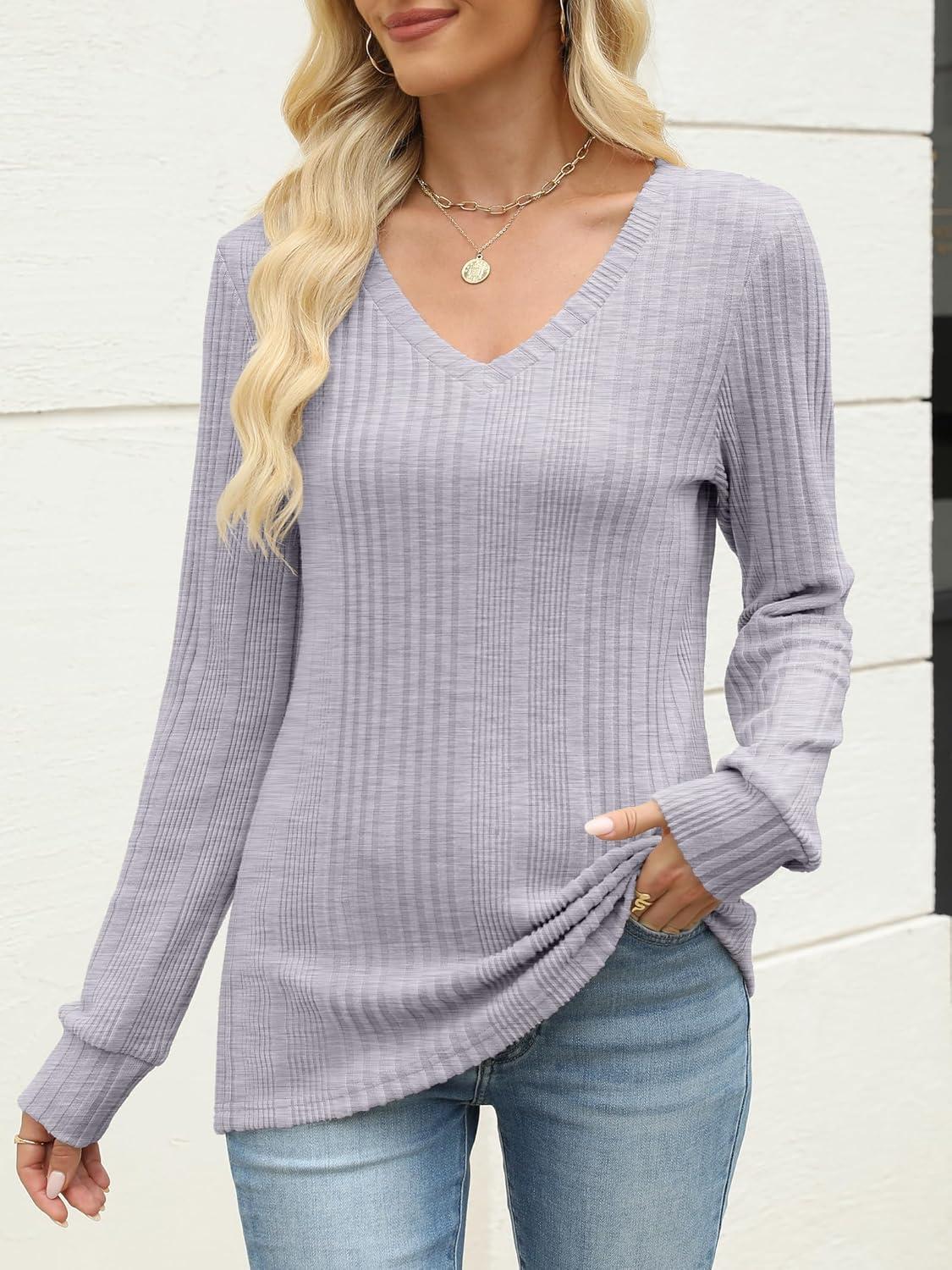imageANRABESS Womens V Neck Sweaters 2025 Fall Long Sleeve Shirts Lightweight Ribbed Knit Basic Casual Office Work Tunic TopsGrey