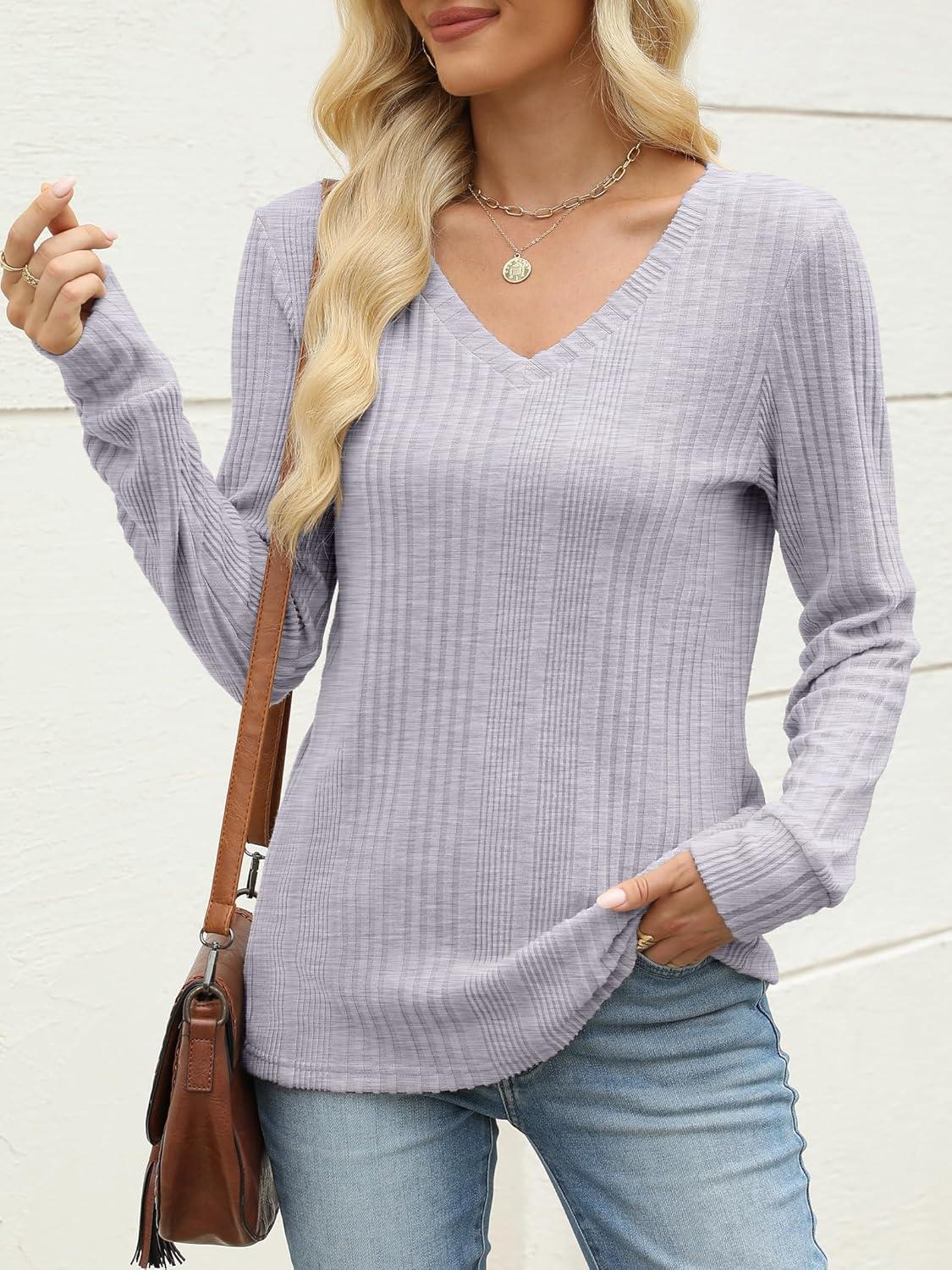 imageANRABESS Womens V Neck Sweaters 2025 Fall Long Sleeve Shirts Lightweight Ribbed Knit Basic Casual Office Work Tunic TopsGrey