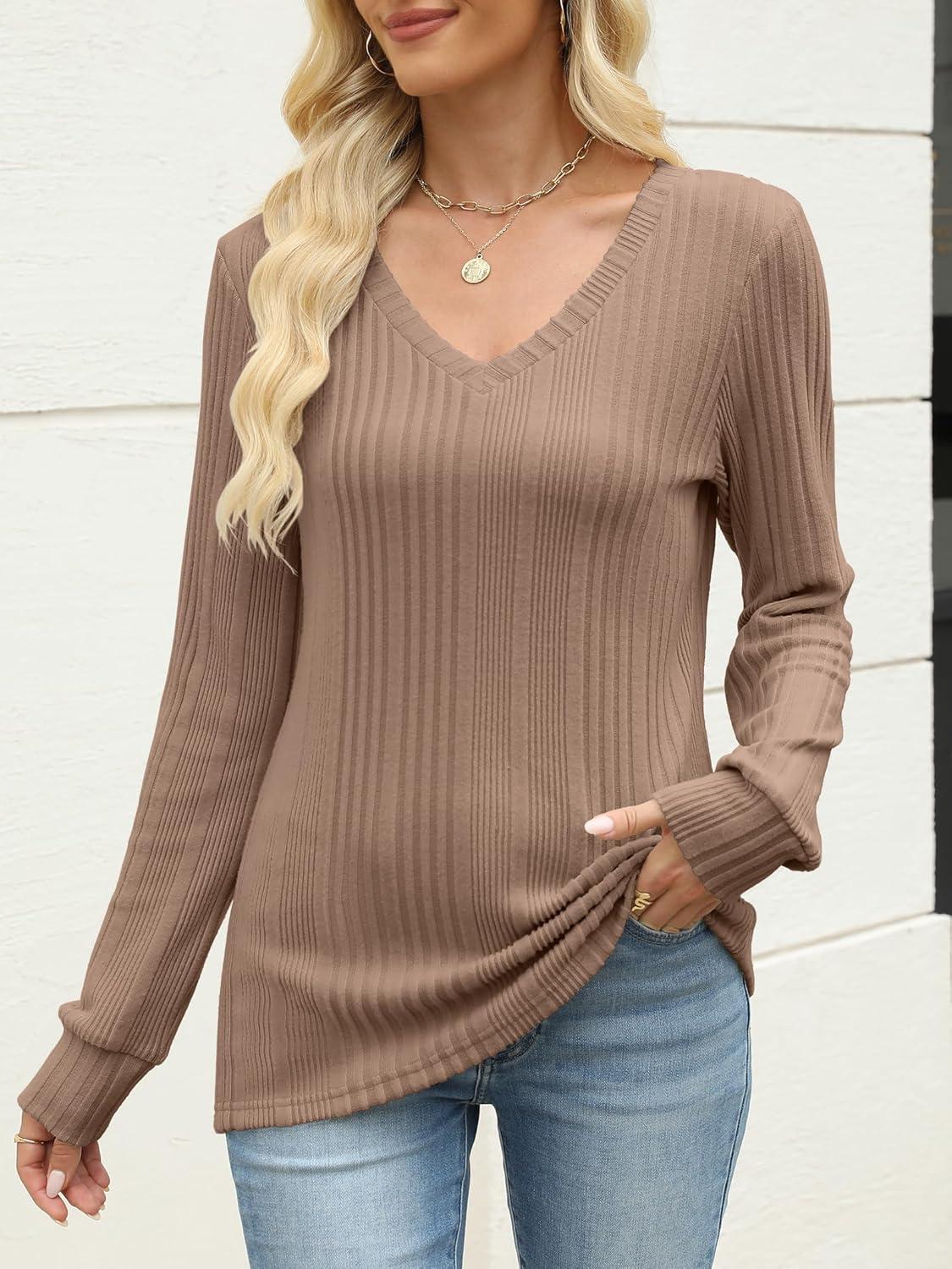 imageANRABESS Womens V Neck Sweaters 2025 Fall Long Sleeve Shirts Lightweight Ribbed Knit Basic Casual Office Work Tunic TopsKhaki