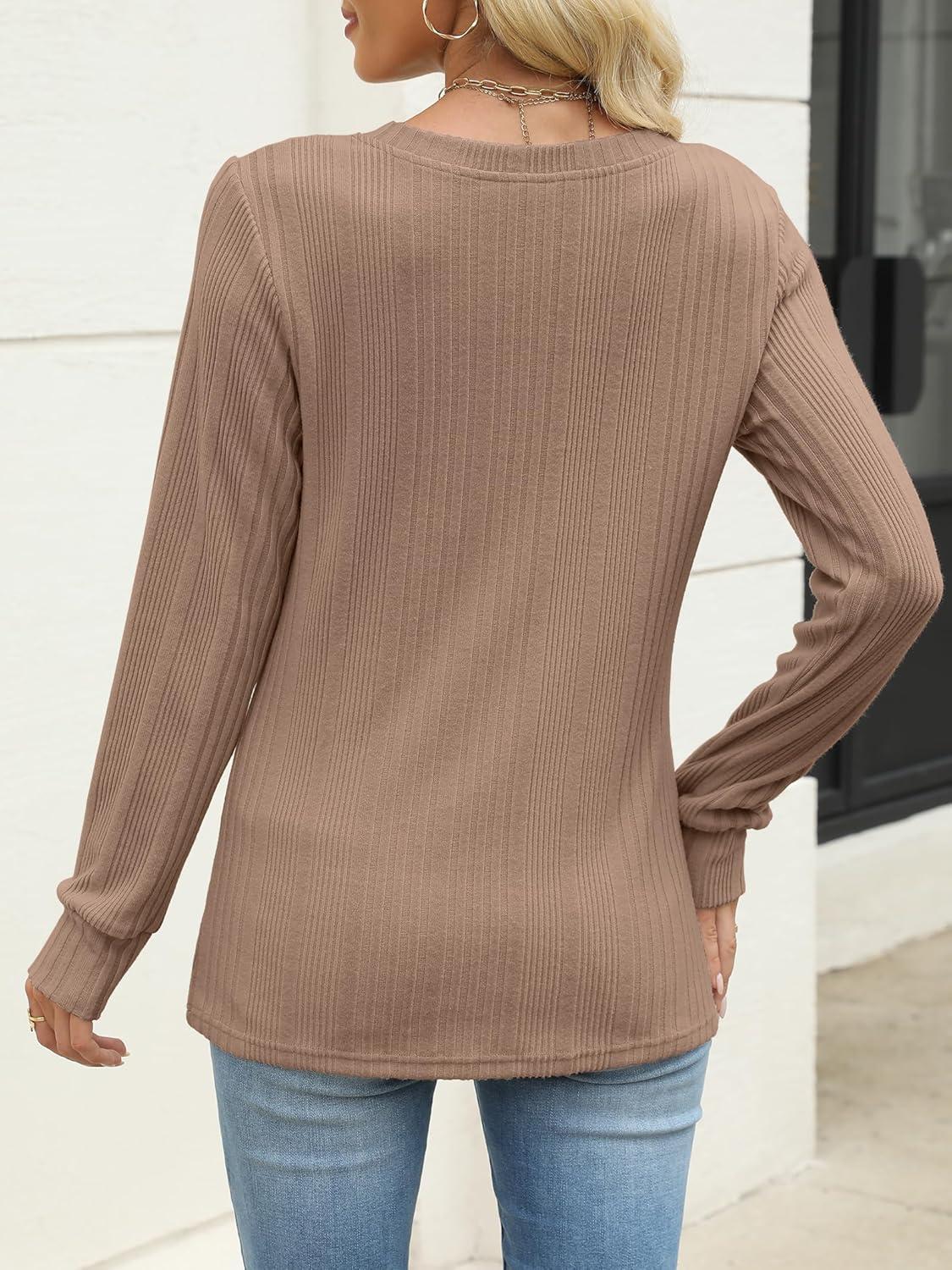 imageANRABESS Womens V Neck Sweaters 2025 Fall Long Sleeve Shirts Lightweight Ribbed Knit Basic Casual Office Work Tunic TopsKhaki