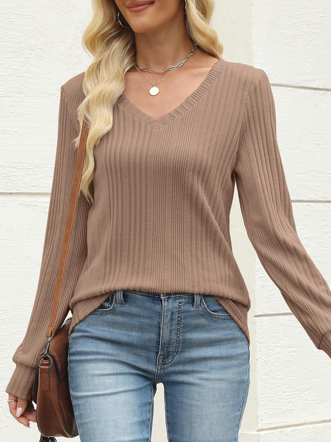 imageANRABESS Womens V Neck Sweaters 2025 Fall Long Sleeve Shirts Lightweight Ribbed Knit Basic Casual Office Work Tunic TopsKhaki