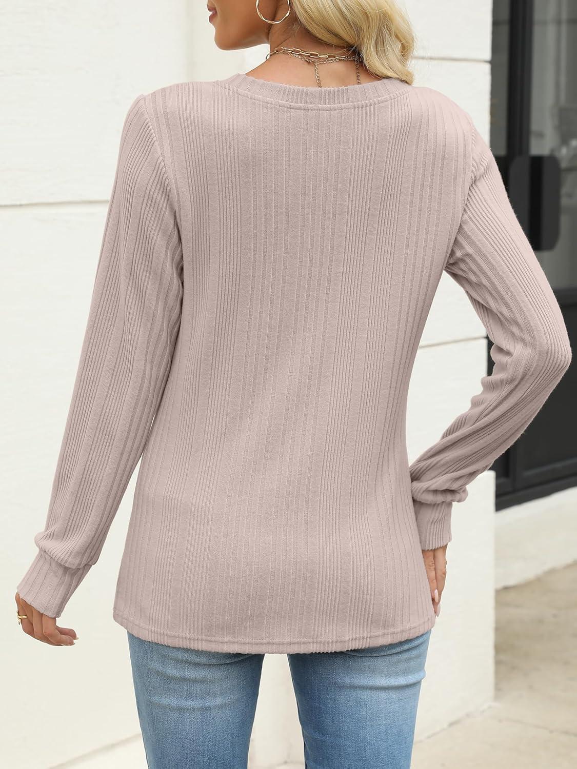 imageANRABESS Womens V Neck Sweaters 2025 Fall Long Sleeve Shirts Lightweight Ribbed Knit Basic Casual Office Work Tunic TopsLight Apricot