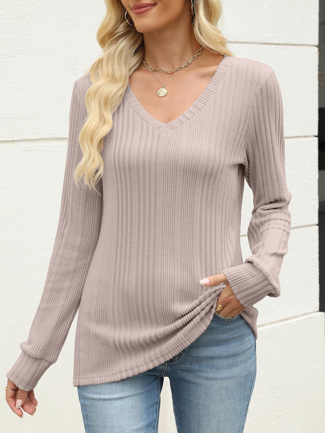 imageANRABESS Womens V Neck Sweaters 2025 Fall Long Sleeve Shirts Lightweight Ribbed Knit Basic Casual Office Work Tunic TopsLight Apricot