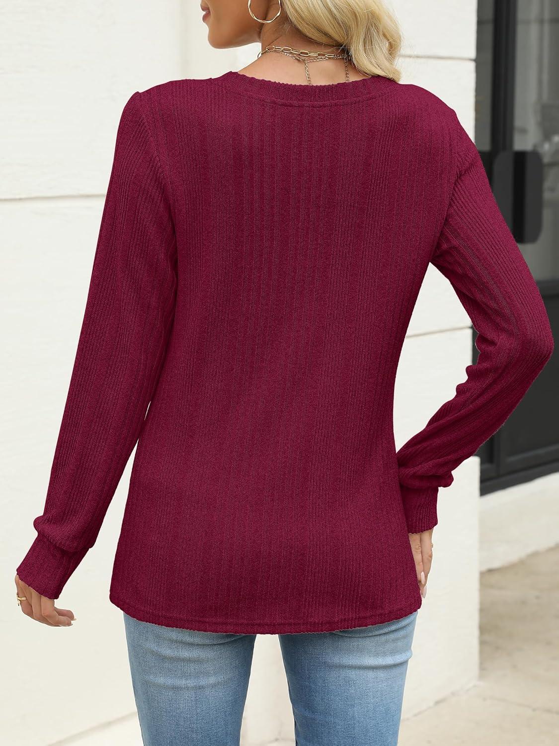 imageANRABESS Womens V Neck Sweaters 2025 Fall Long Sleeve Shirts Lightweight Ribbed Knit Basic Casual Office Work Tunic TopsRed