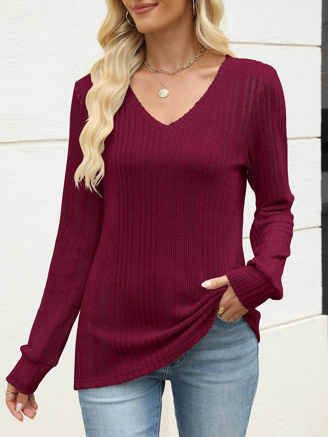 imageANRABESS Womens V Neck Sweaters 2025 Fall Long Sleeve Shirts Lightweight Ribbed Knit Basic Casual Office Work Tunic TopsRed