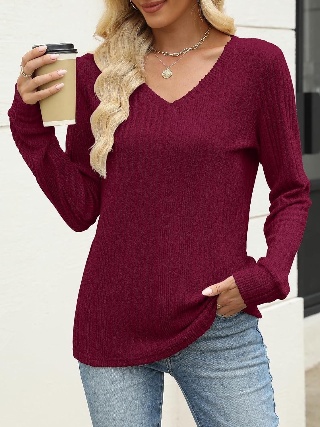 imageANRABESS Womens V Neck Sweaters 2025 Fall Long Sleeve Shirts Lightweight Ribbed Knit Basic Casual Office Work Tunic TopsRed