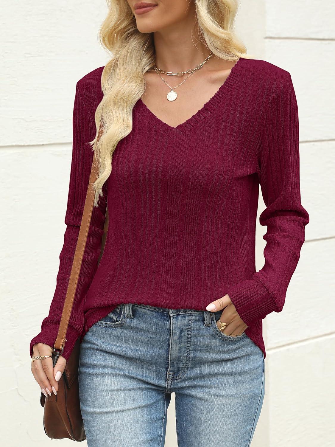 imageANRABESS Womens V Neck Sweaters 2025 Fall Long Sleeve Shirts Lightweight Ribbed Knit Basic Casual Office Work Tunic TopsRed