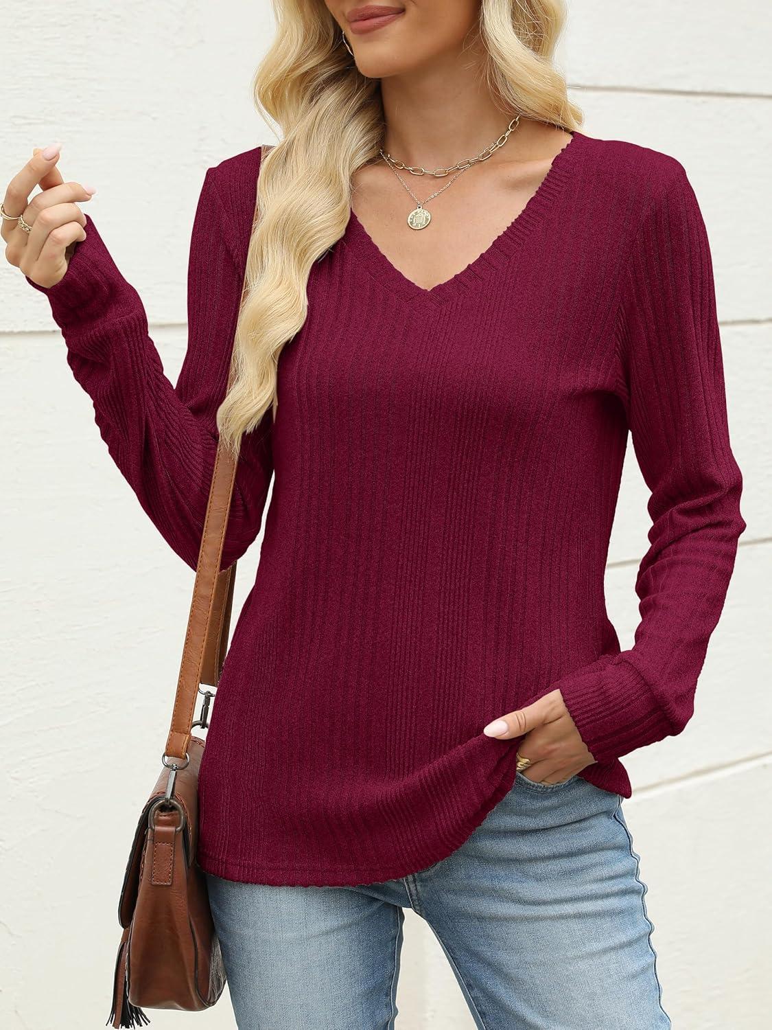 imageANRABESS Womens V Neck Sweaters 2025 Fall Long Sleeve Shirts Lightweight Ribbed Knit Basic Casual Office Work Tunic TopsRed