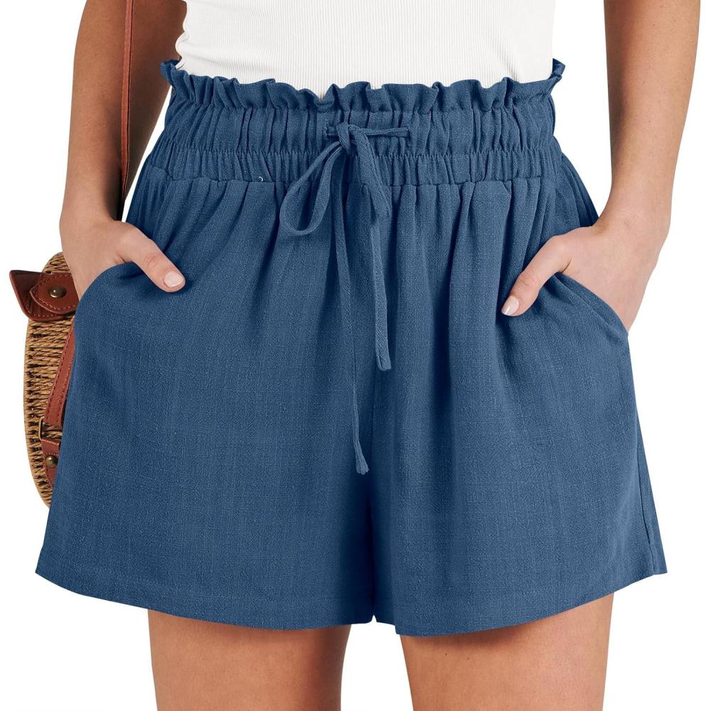 imageANRABESS Linen Shorts for Women Summer Casual Wide Leg Loose High Waist Drawstring Dressy Beach Shorts 2025 Comfy ClothesDeep Blue