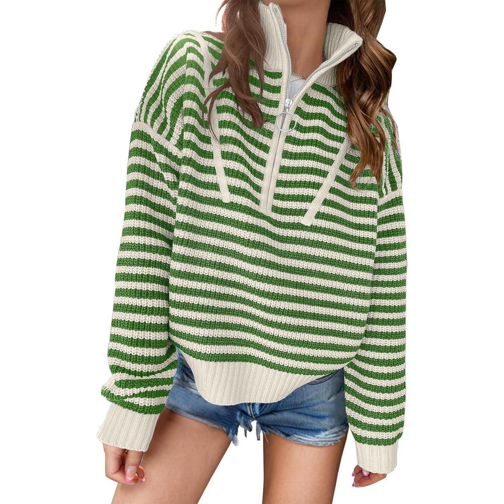 imageANRABESS Sweaters for Women Striped Half Zip Long Sleeve Ribbed Knit Pullover Comfy Casual Lightweight Tops 2025 Fall FashionStriped Apricot Green