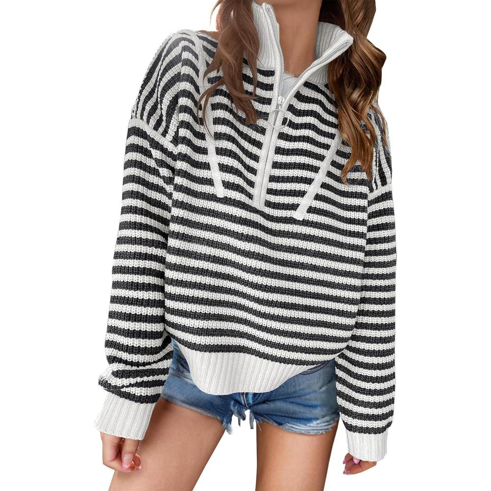 imageANRABESS Sweaters for Women Striped Half Zip Long Sleeve Ribbed Knit Pullover Comfy Casual Lightweight Tops 2025 Fall FashionStriped Black White