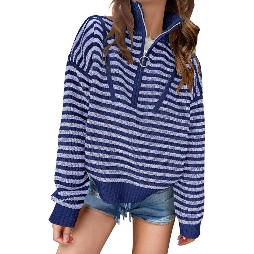 imageANRABESS Sweaters for Women Striped Half Zip Long Sleeve Ribbed Knit Pullover Comfy Casual Lightweight Tops 2025 Fall FashionStriped Navy Purple