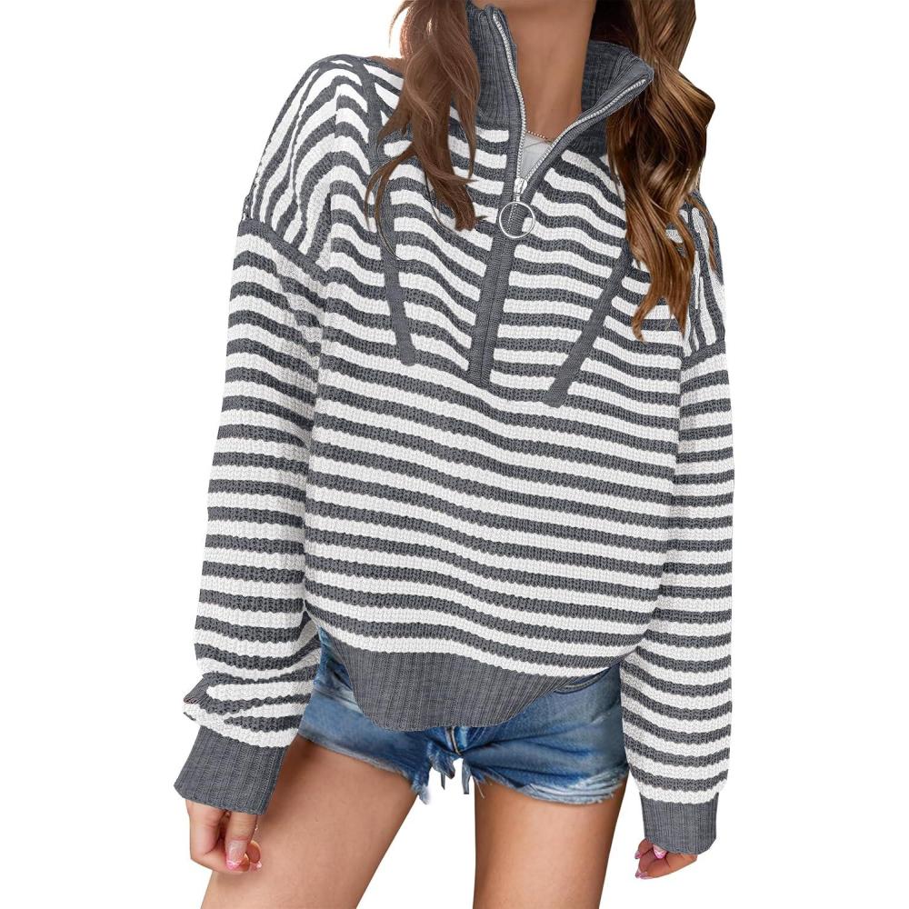 imageANRABESS Sweaters for Women Striped Half Zip Long Sleeve Ribbed Knit Pullover Comfy Casual Lightweight Tops 2025 Fall FashionStriped White Grey