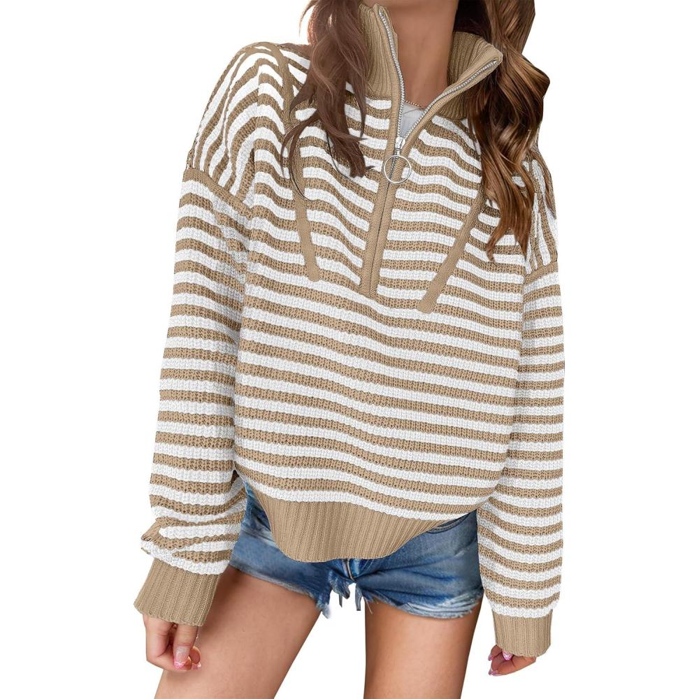 imageANRABESS Sweaters for Women Striped Half Zip Long Sleeve Ribbed Knit Pullover Comfy Casual Lightweight Tops 2025 Fall FashionStriped White Khaki