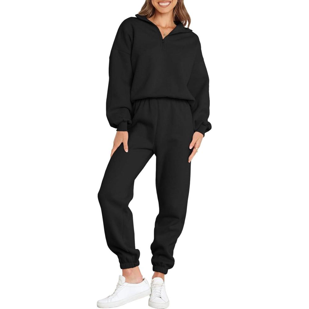 imageANRABESS Women 2 Piece Outfits Sweatsuit Oversized Half Zip Sweatshirt Jogger Sweatpants Tracksuit Lounge Set 2025 ClothesBlack
