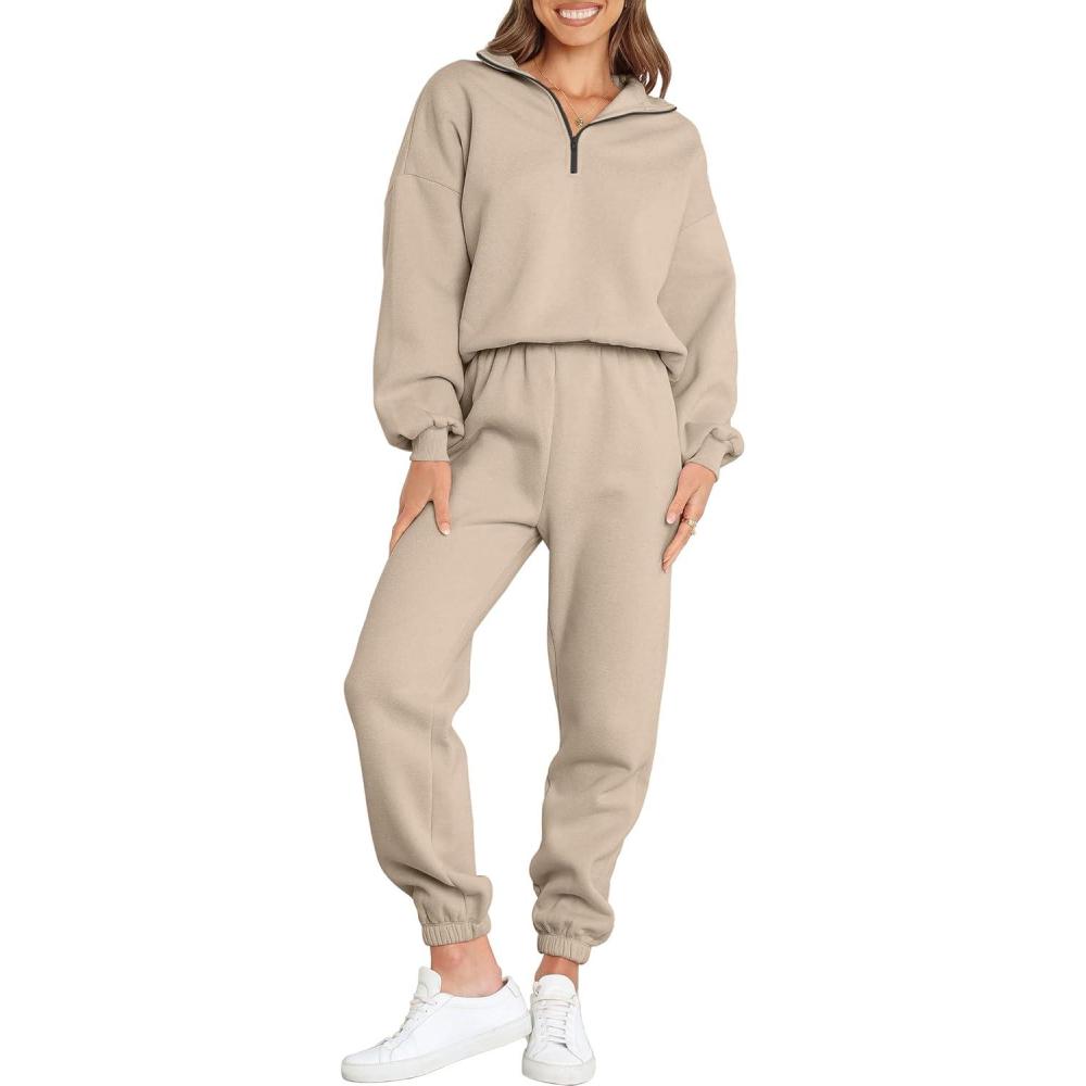 imageANRABESS Women 2 Piece Outfits Sweatsuit Oversized Half Zip Sweatshirt Jogger Sweatpants Tracksuit Lounge Set 2025 ClothesBrown