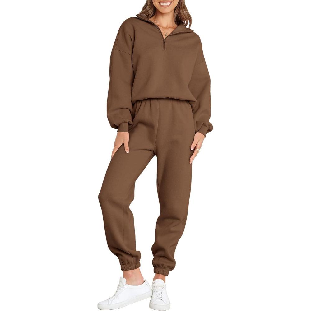 imageANRABESS Women 2 Piece Outfits Sweatsuit Oversized Half Zip Sweatshirt Jogger Sweatpants Tracksuit Lounge Set 2025 ClothesCoffee