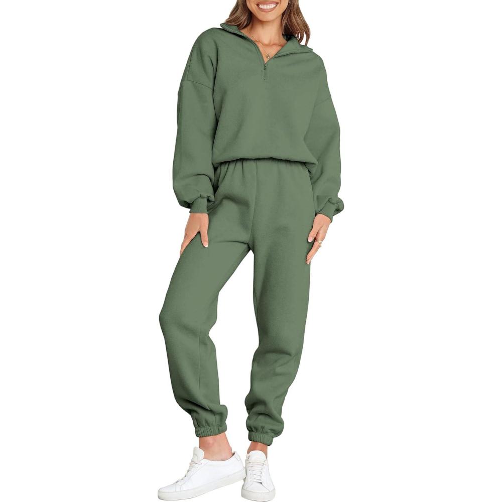 imageANRABESS Women 2 Piece Outfits Sweatsuit Oversized Half Zip Sweatshirt Jogger Sweatpants Tracksuit Lounge Set 2025 ClothesDeep Green