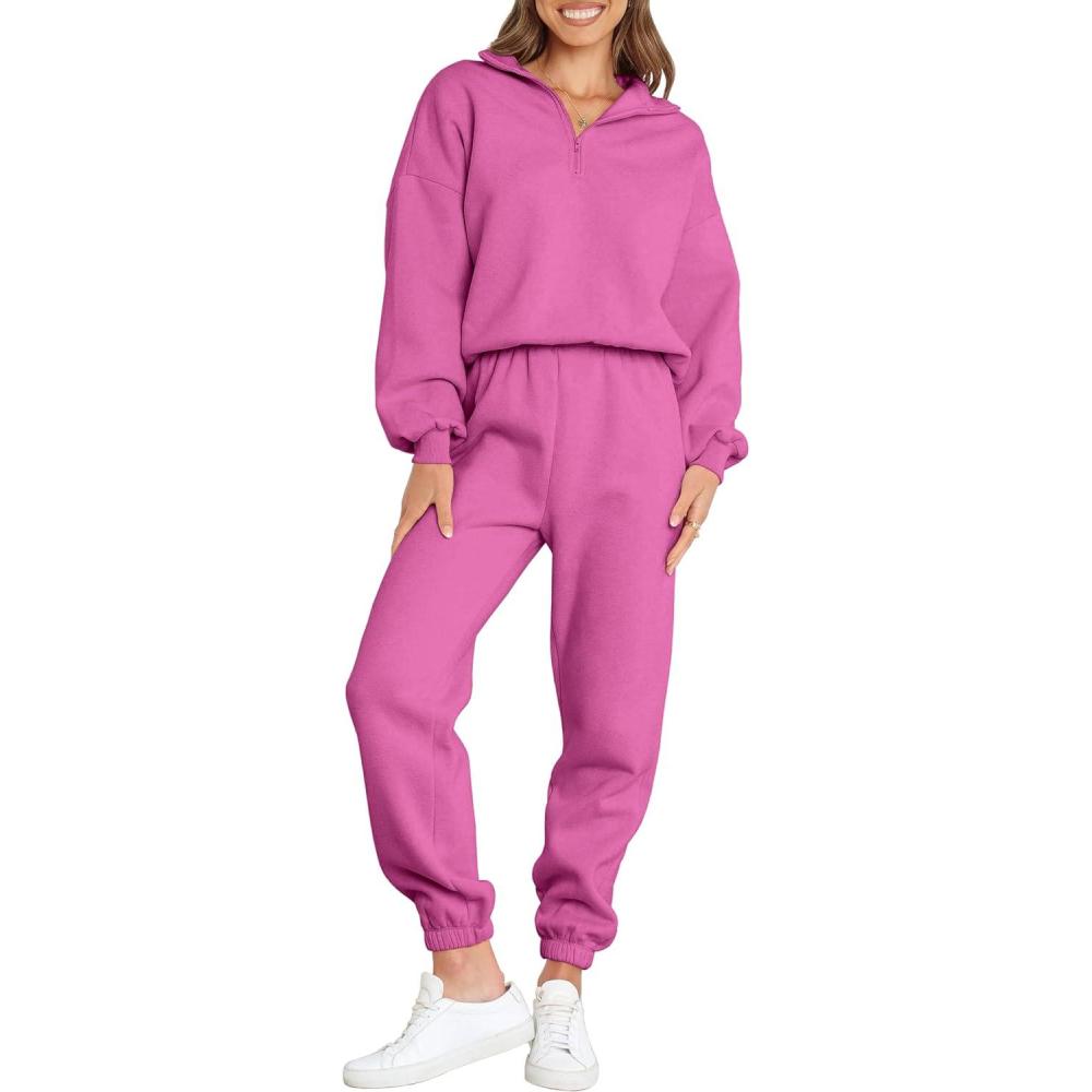 imageANRABESS Women 2 Piece Outfits Sweatsuit Oversized Half Zip Sweatshirt Jogger Sweatpants Tracksuit Lounge Set 2025 ClothesHot Pink