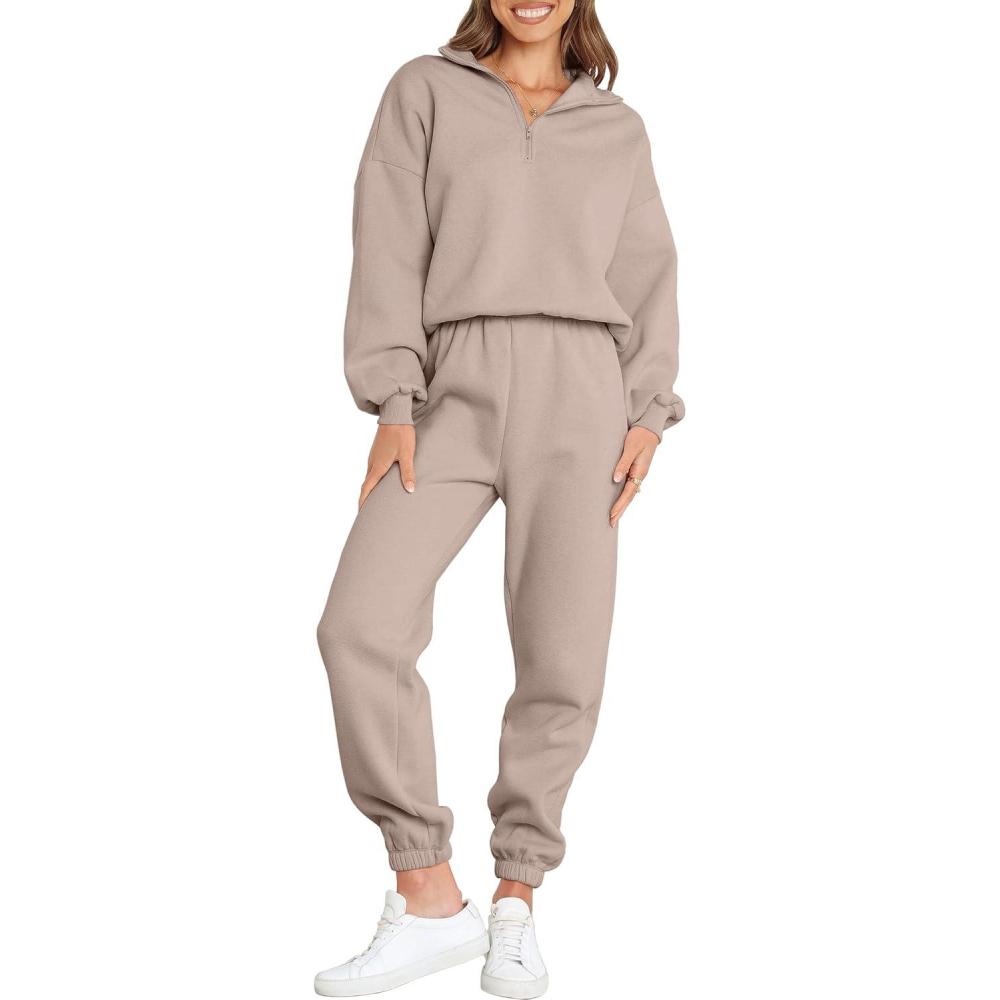 imageANRABESS Women 2 Piece Outfits Sweatsuit Oversized Half Zip Sweatshirt Jogger Sweatpants Tracksuit Lounge Set 2025 ClothesLight Khaki