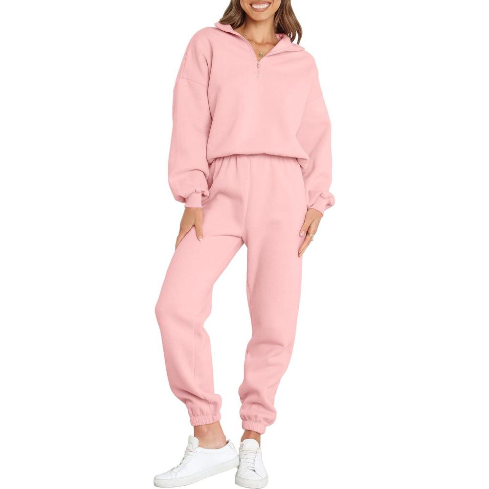 imageANRABESS Women 2 Piece Outfits Sweatsuit Oversized Half Zip Sweatshirt Jogger Sweatpants Tracksuit Lounge Set 2025 ClothesLight Pink
