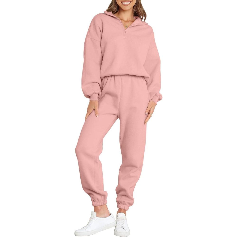 imageANRABESS Women 2 Piece Outfits Sweatsuit Oversized Half Zip Sweatshirt Jogger Sweatpants Tracksuit Lounge Set 2025 ClothesOrange Pink