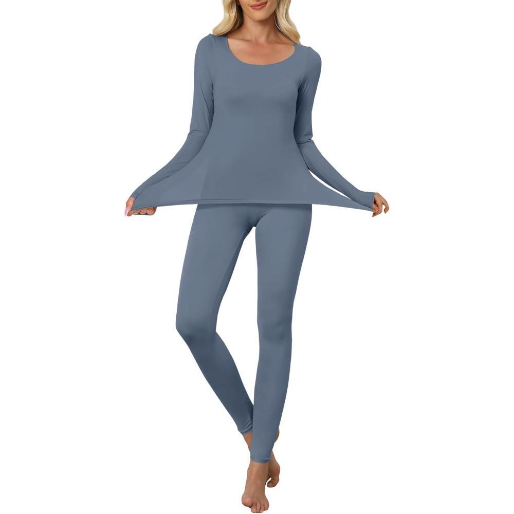 imageANRABESS Women Lightweight See Through Sexy Thermal Underwear Sets Fall Ultra Stretchy 2 Piece Pajamas Lounge Basic Layer SetGrey Blue