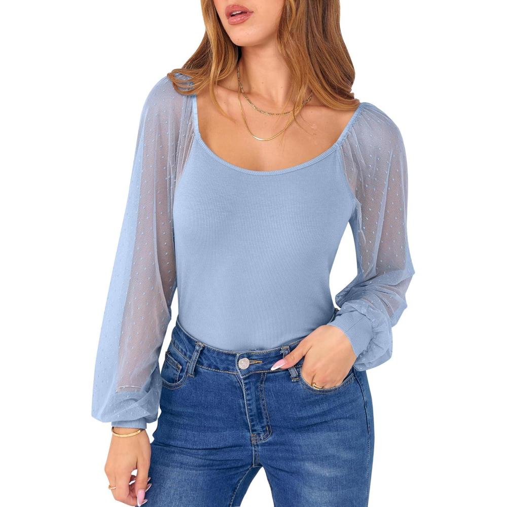 imageANRABESS Women Mesh Long Sleeve Shirts Dressy Casual Blouses Square Neck Ribbed Slim Tops Going Out Date Night Fall OutfitsBlue