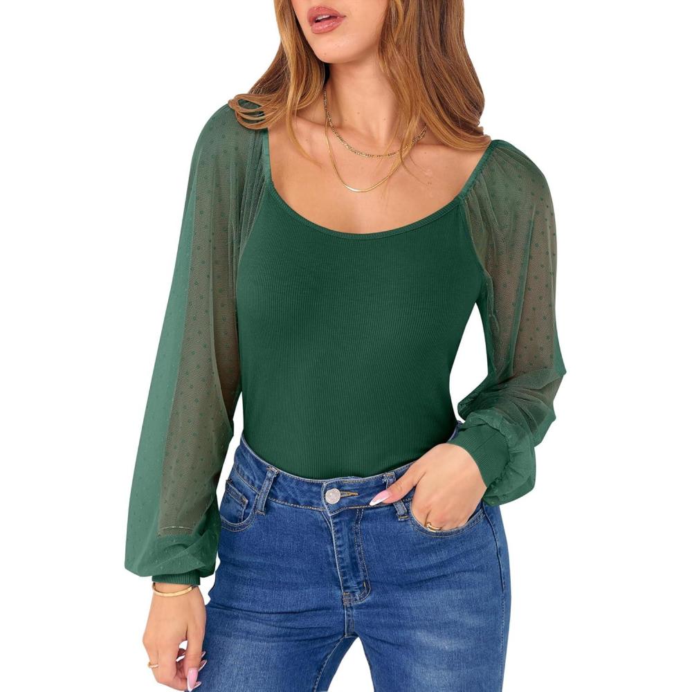 imageANRABESS Women Mesh Long Sleeve Shirts Dressy Casual Blouses Square Neck Ribbed Slim Tops Going Out Date Night Fall OutfitsDark Green