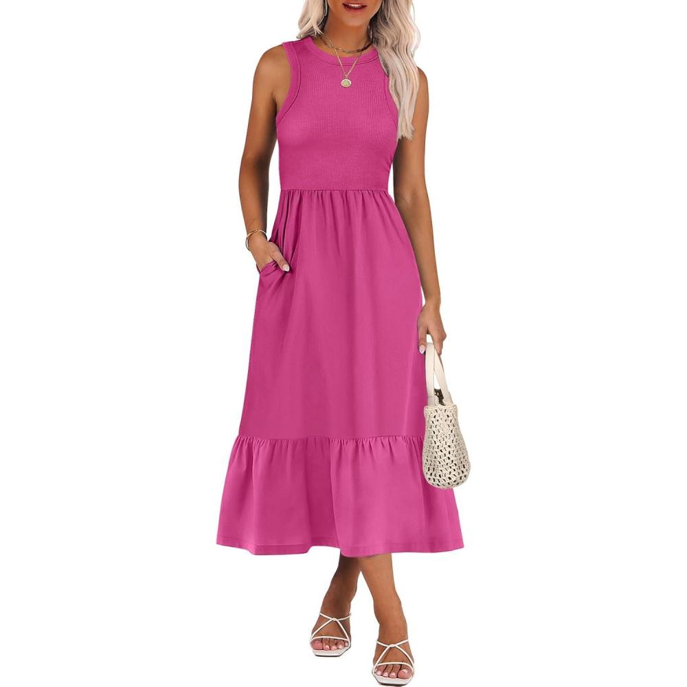 imageANRABESS Women Midi Dresses 2025 Summer Casual Sleeveless Sundress High Neck Tank Top Racerback Flowy Beach Dress PocketsHot Pink