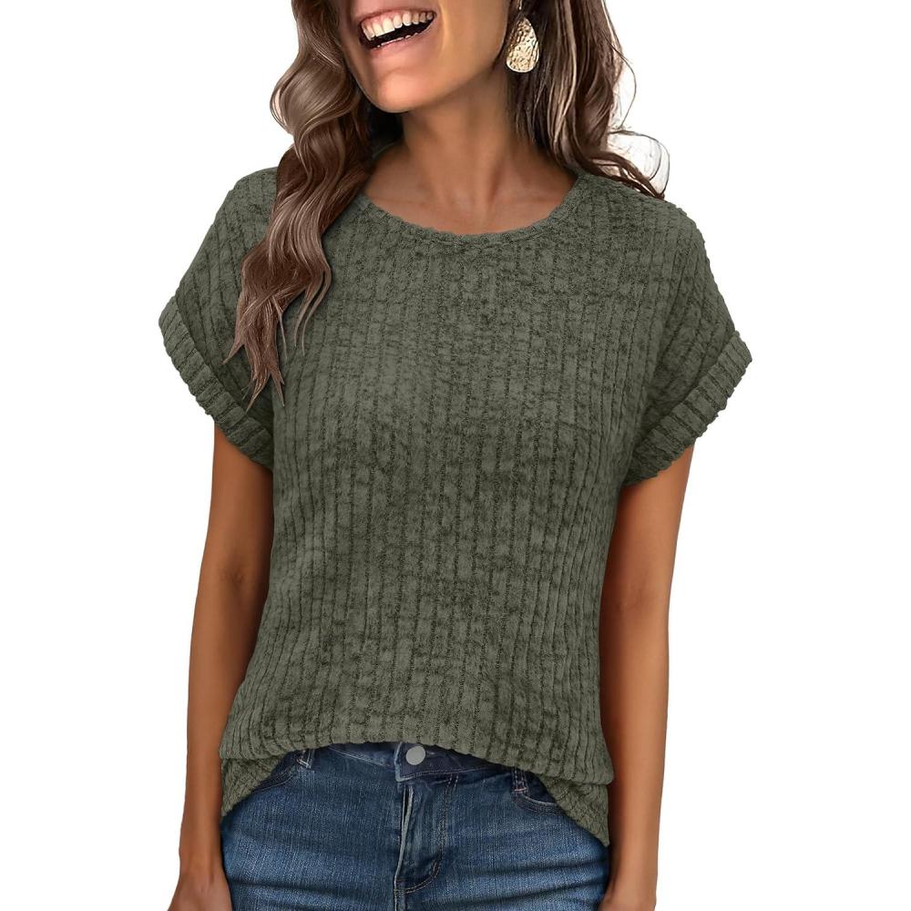 imageANRABESS Women Shirts Summer Sweaters Regular Fit Short Sleeve Tunic Tops 2025 Dressy Casual Business BlousesDeep Green