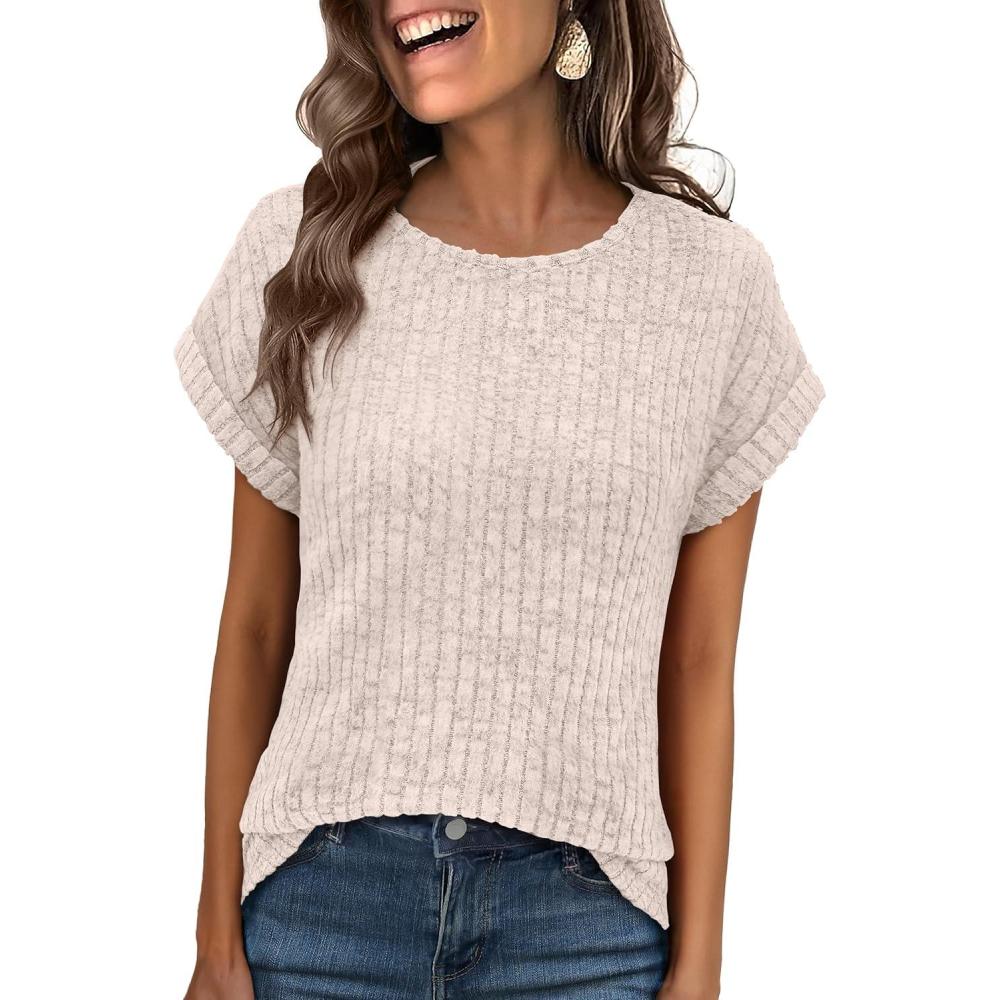 imageANRABESS Women Shirts Summer Sweaters Regular Fit Short Sleeve Tunic Tops 2025 Dressy Casual Business BlousesLight Khaki