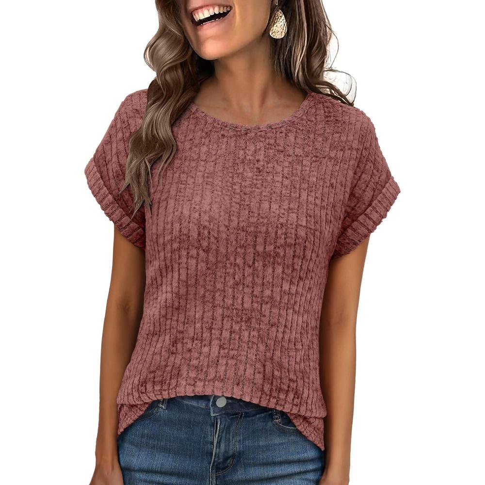 imageANRABESS Women Shirts Summer Sweaters Regular Fit Short Sleeve Tunic Tops 2025 Dressy Casual Business BlousesRust Orange